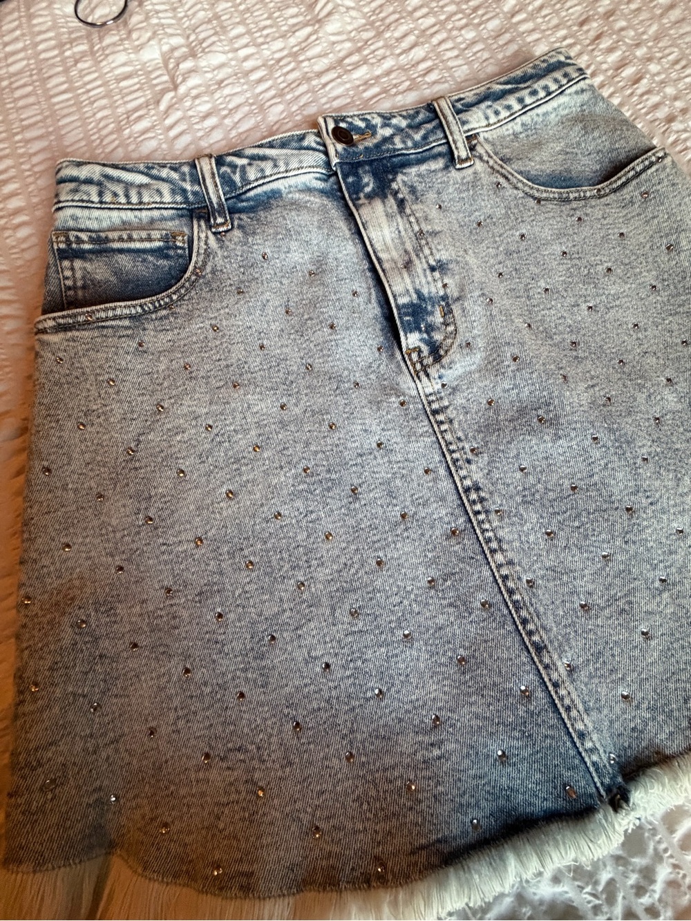 Light Wash Rhinestone Denim Raw Hem Skirt - see measurements!  No Brand NEW